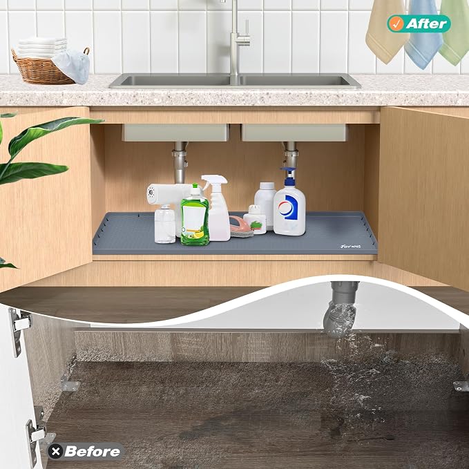 Silicone Under Sink Mat, 34"x22", Waterproof Cabinet Liner, Grey | Shelf Liner, Cabinet Protector, Home Organizer, for Kitchen, Bathroom, Multipurpose, Leak Proof, Easy Clean, Drip Tray, Clean