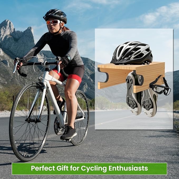 Wooden Bike Wall Mount w/Shelf & Hooks, Road Bike Storage Decor | Solid Wood Rack w/ Angled Slot & Non-Slip Padding Protects Frame. Top Shelf & 4 Hooks For Gear. Stylish For Apartments