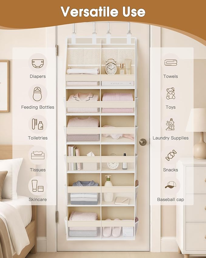 Criusia Over the Door Organizer, Extra Large 12 Compartments Closet Hanging Storage with 14 Mesh Pockets, 85lbs Capacity Behind the Door Storage for Baby Nursery, Bathroom, Bedroom, and Dorm, Beige
