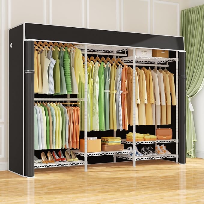 E13C Heavy Duty Closet Organizer System,Freestanding Clothing Racks for Hanging Clothes,Adjustable Garment Rack 63" W x 16" D x 77" H Hold 960 lbs,White Clothing Rack with Black Dustproof Cover