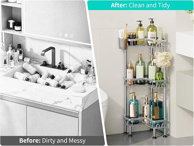 HapiRm Standing Shower Caddy Corner - 3 Tier Corner Shower Organizer with Toothbrush Holder and 12 Hooks, Large Capacity Rustproof Bathroom Shelves for Tall Bottles, Silver