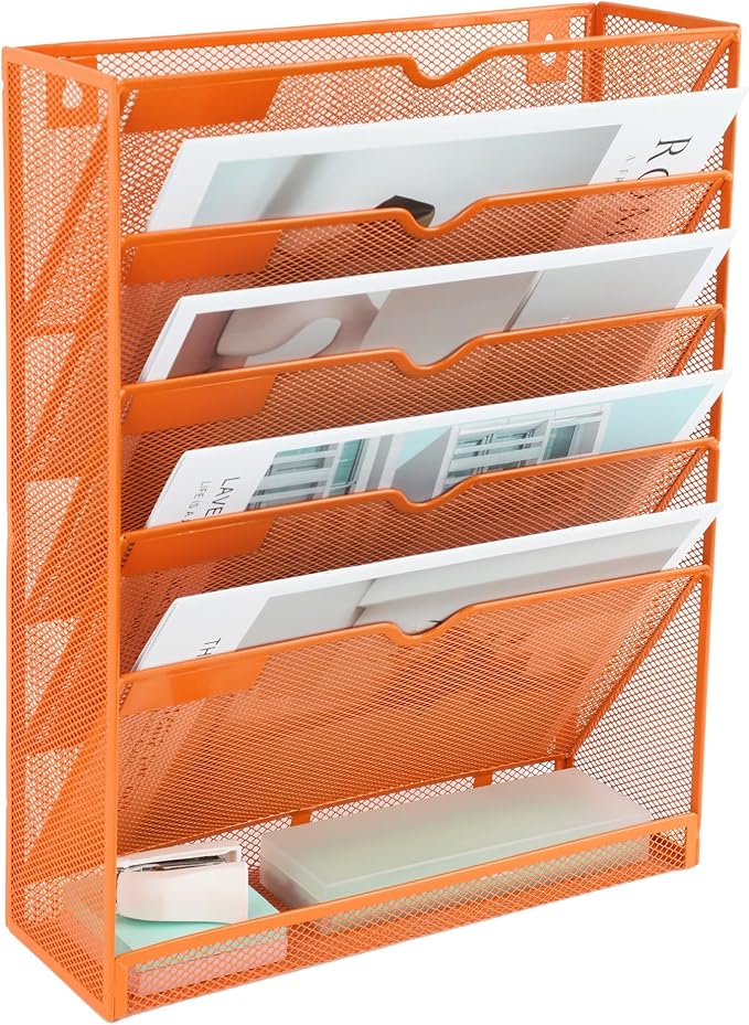 EASEPRES 6 Tier Mesh Hanging Wall File Organizer, Desk Vertical Mail Paper Document Folder Holder Rack with Bottom Tray and Nametag Label for Office Home School, Orange