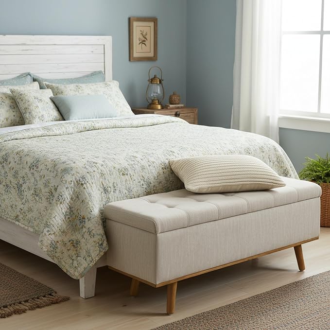 Storage Ottoman Bench, 45" End of Bed Bench, Beige | Hidden Storage Space, Linen Upholstery, Padded Cushion Top, Solid Wood Legs, 350 LBS Weight Capacity
