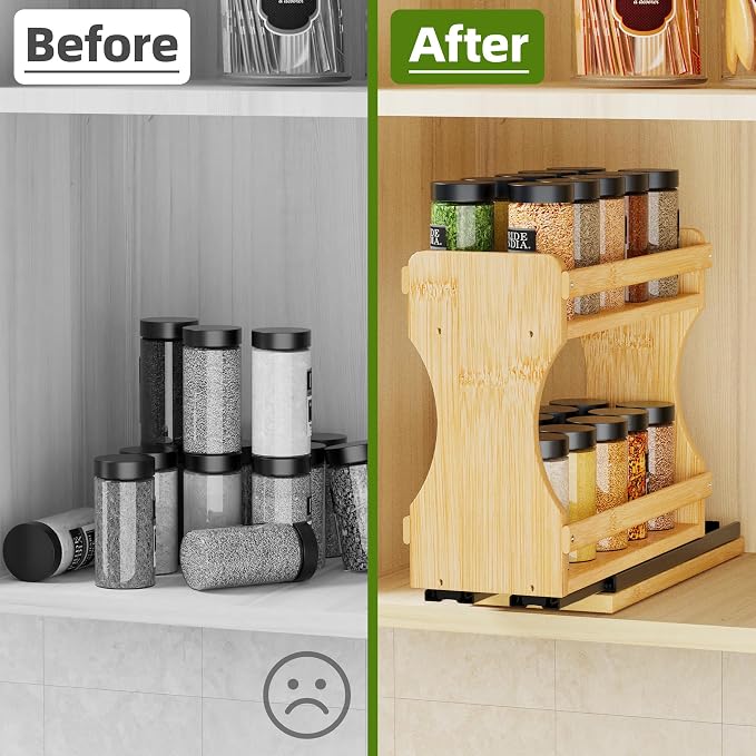 BAMEOS Pull Out Spice Rack Organizer for Cabinet, Bamboo Wide 4.2" Slide Out Seasoning Organizer for Kitchen, No Drill Anti-Tip Ball Bearing Silent Glides, Pantry Cabinet Organizer,Natural