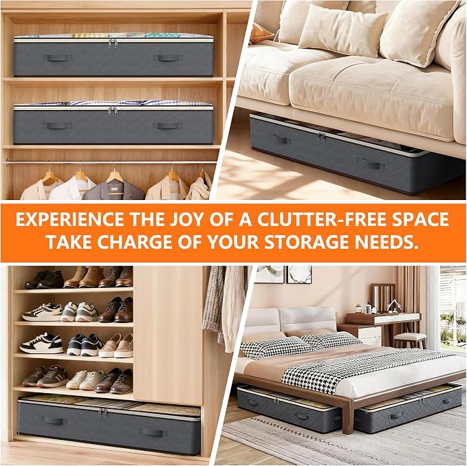 90L Under Bed Storage Containers,4-Pack Closet Organizer Storage Bins,Black | for Organization and Storage Clothes, Shoes, Blankets & Pillows,Visible Transparent Top Storage Bins with Lids