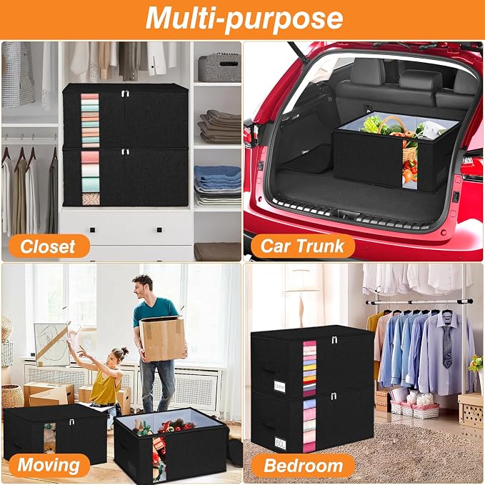 60L Rigid-Sided Blanket Storage Bags, 2 Pack, Black | Rigid Sides and Bottom, Stackable Design, for Comforters, Quilts, Bedding, Pillows and Clothes, Closet and Dorm Organization