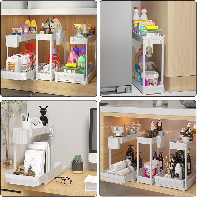 Sevenblue 3-Pack 2-Tier L-Shaped Under Sink Organizers with Sliding Drawers | Multi-use kitchen & bathroom storage, 12.85 inch white cabinet organizer, space-saving sliding drawer design.