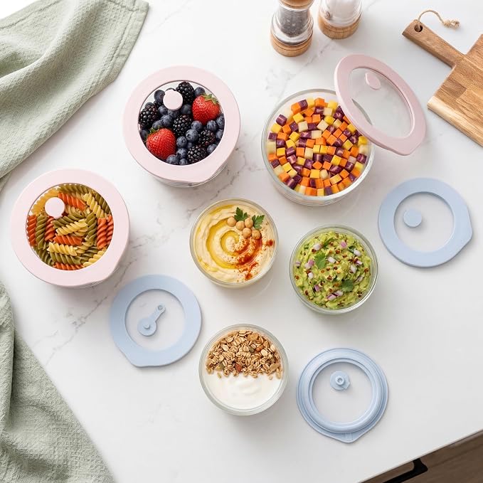 Glass Food Container Set with Glass Lid, 6 Pack, Meal Prep Containers with Silicone Framed Airtight Lid, Leakproof, 100% Plastic Free,