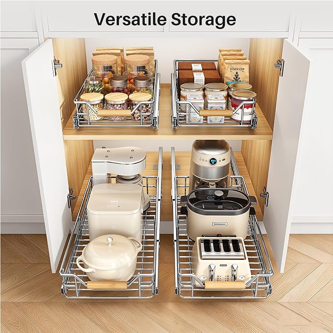 Pull out Cabinet Organizer, 9"W X 21"D, Heavy Duty Smooth Sliding Under Cabinet Shelves for Pots and Pans, Full-Extension Roll out Drawers, Slide out Organization for Home Kitchen Pantry