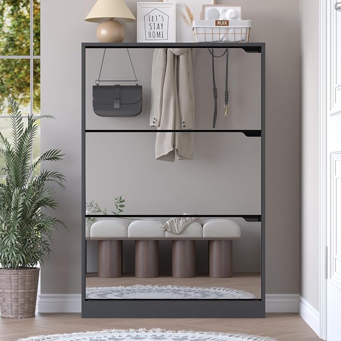 BORNOON Shoe Cabinet with 3-Flip Mirror Drawers, Freestanding Shoe Rack Organizer with Hidden Handle, Slim Narrow Shoe Storage Cabinet for Entryway, Entrance, Hallway, Bedroom
