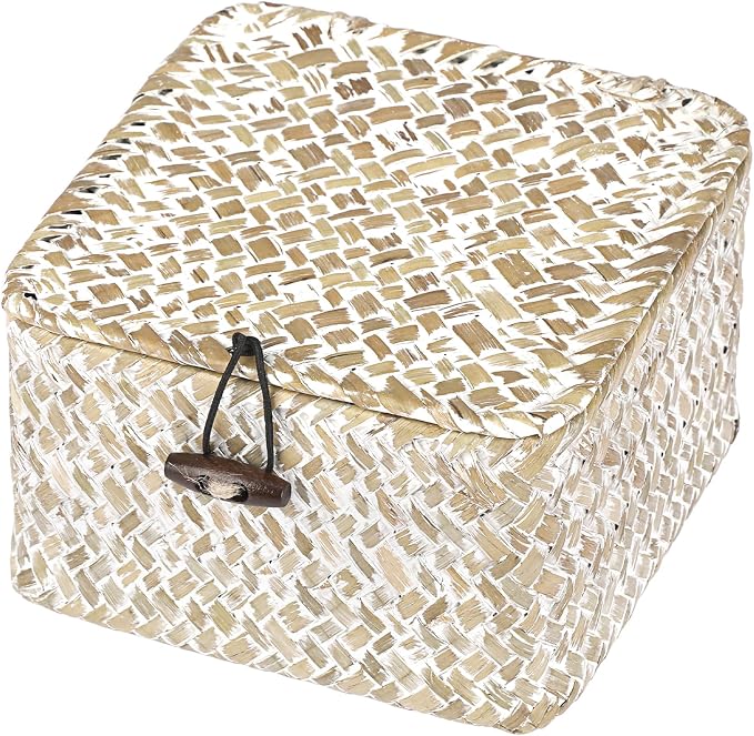 Hipiwe Wicker Shelf Baskets with Lid Woven Decorative Basket Bin, X-small | Handmade Natural Seagrass Storage Box, Household Organizer Bin for Shelf Bathroom Coffee Table Decor Organizer