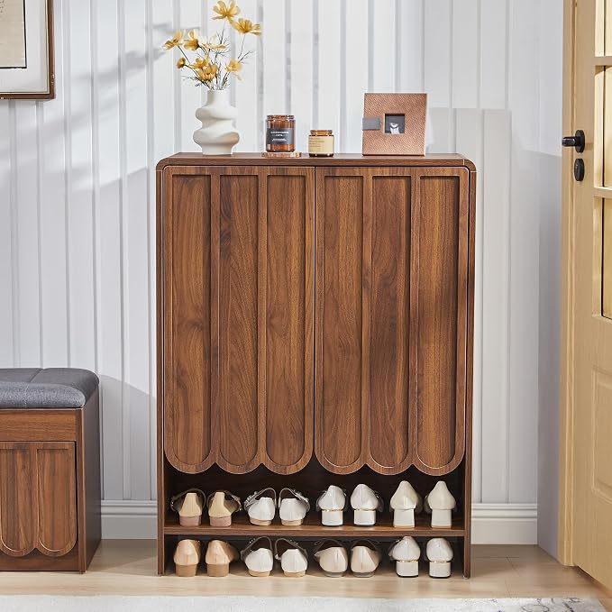 Shoe Storage Cabinet with Scalloped Doors, 5-Tier Wooden Shoe Cabinet with Adjustable Shelves, Shoes Rack Storage Organizer for Entryway, Hallway, Living Room, Walnut