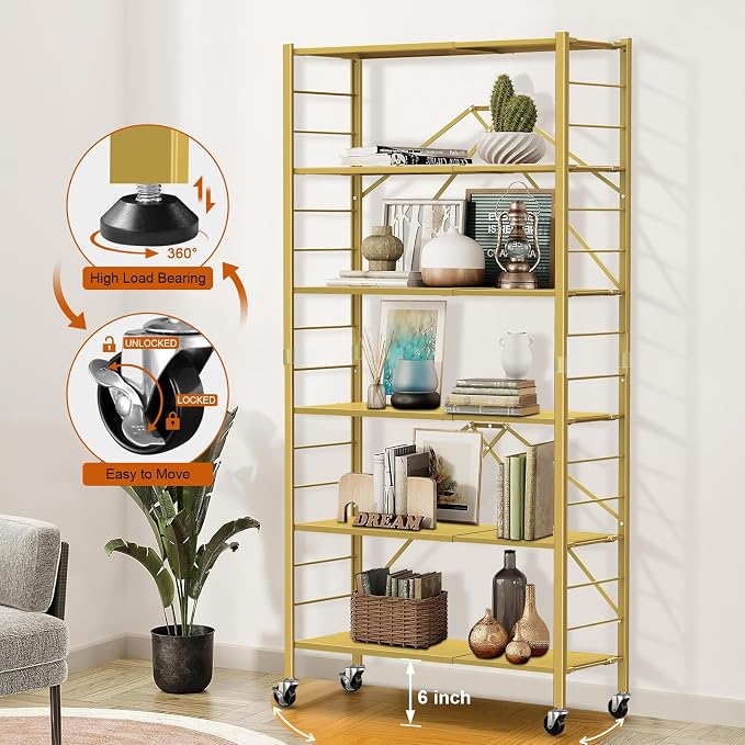 Himix 6-Tier Foldable Storage Shelves Expandable Shelf Wheels Gold 2-in-1