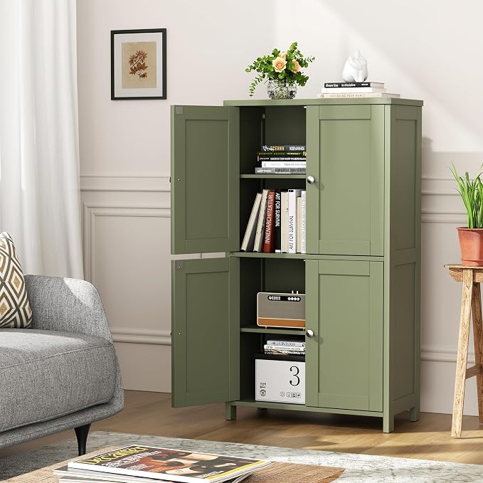 Shintenchi Bathroom Storage Cabinet with Doors and Shelves, Floor Cabinets for Washroom Furniture, Laundry Room, Organization with Adjustable Shelf, Green