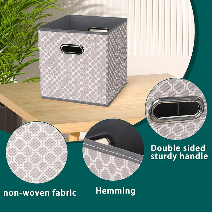 Fabric storage bins Cubes, Fabric Cube Organizer with Handle, Foldable Cube Bins for Cloth or Accessary Storage, 11x11x11, Set of 3, (Light Grey)