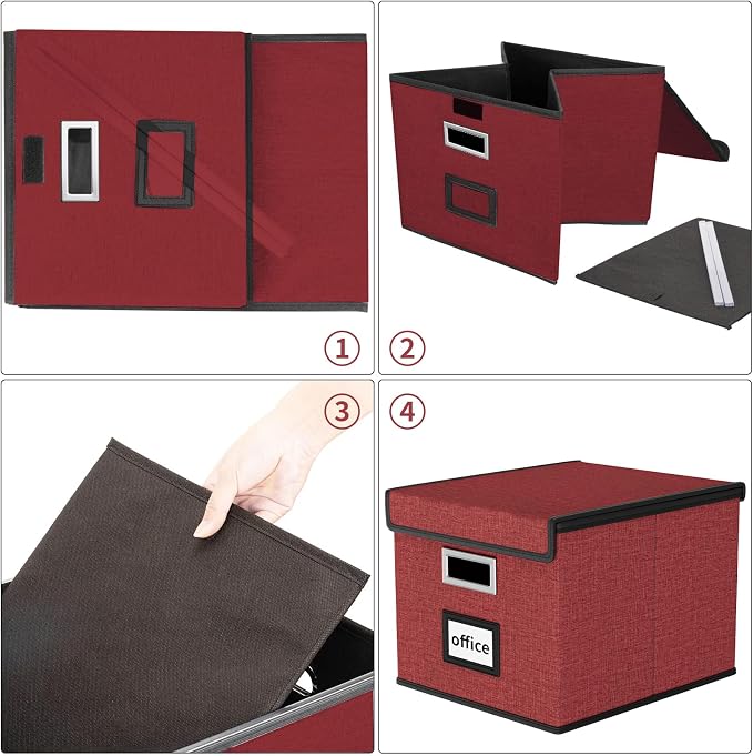 File Organizer Box with Lids, Collapsible File Folder Organizer | File Box with Plastic Slides for Office Document Storage, Filing Bin for Letter Size Hanging File Folders (1 Pack, Dark Red)