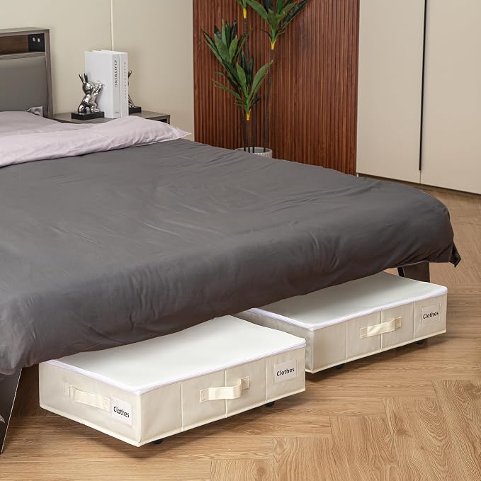 Vincona Under Bed Storage with Wheels, Rolling Under Bed Storage Containers with Label Holders for Clothes, Shoes and Blankets, Underbed Storage Organizer with Cover, 2 Pack Beige (23.6x15.7x7.28 in)