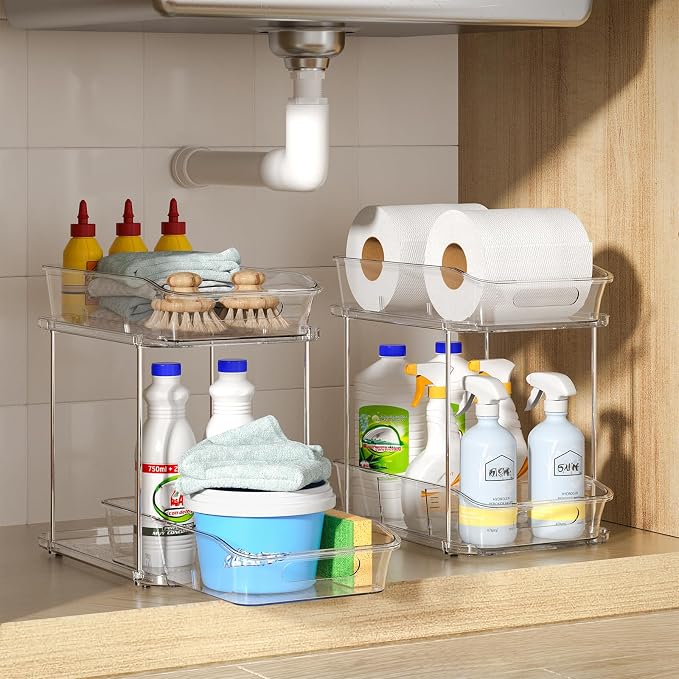 Delamu 2-Tier Under Sink Organizers and Storage, Multi-Purpose Stackable Bathroom Cabinet organizers, Pull Out Kitchen Pantry Organization and Storage with Dividers(4 Pack, Clear)