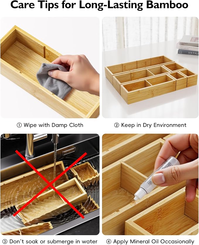 12-Piece Bamboo Desk Drawer Organizer Set – Adjustable Storage Boxes with 24 Compartments, Non-Slip, Modular Design for Office, Jewelry, Vanity, and Kitchen Utensil Drawer Storage