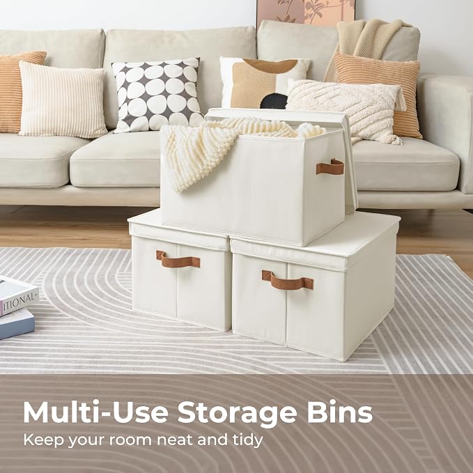StorageWorks Storage Bins with Lids, Decorative Storage Boxes with Lid and PU Handles, Foldable Storage Baskets for Closet, Shelves, Stackable, Ivory, Jumbo, 3-Pack