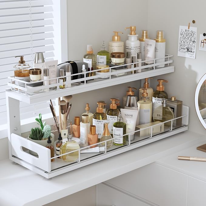 Under Sink Organizer Upgrade To Professional Rails,2-Tier Dual Pull Out Cabinet Storage,Height Adjustable Slide Out Drawers For Bathroom Kitchen,2 Pack-21"Dx12.8"-16.9"H,White