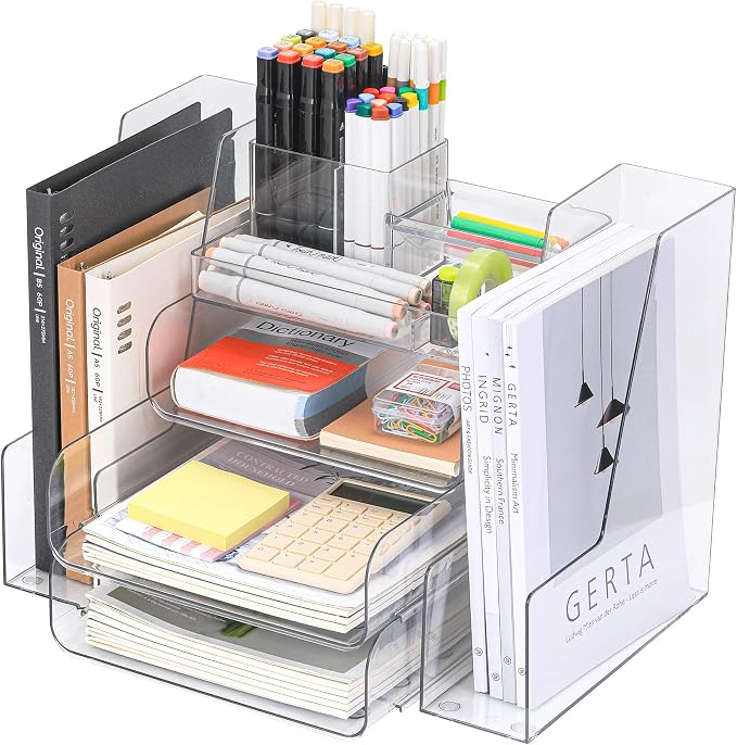 CiWiVOKi Desk Organizer with 2 Vertical File Holder, 4 Tier Stackable Paper Letter Tray File Organizer with 5-Compartments Pen Holder, Clear Desktop Organizer Office Organization and Storage