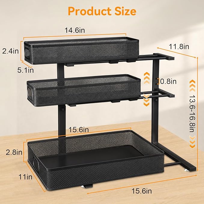 3 Tier Adjustable Under Sink Organizer for Bathroom & Kitchen(2Pack, Black) | 35% More Storage, 5 Adjustable Heights, Sliding Pull Out,No Sliding, Heavy-Duty Steel Frame, Multi-Purpose Cabinet Organizer