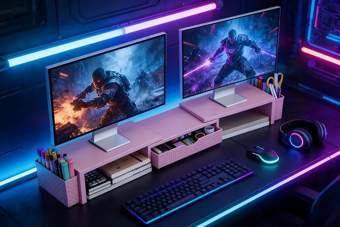 Spacrea Metal Desk Organizers and Accessories, Dual Monitor Stand Riser with Drawer and 2 Pen Holders, Desk Accessories & Workspace Desktop Organizers for Office Supplies (Pink)