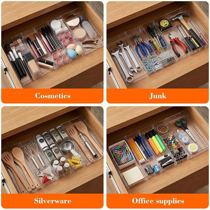 Briwooody 1 Pcs Large Expandable Acrylic Drawer Organizers, Grid Adjustable Drawer, Dividers Organizer for Desk, Makeup, Jewelry, Office, Kitchen Supplies (Clear,11 Compartments)