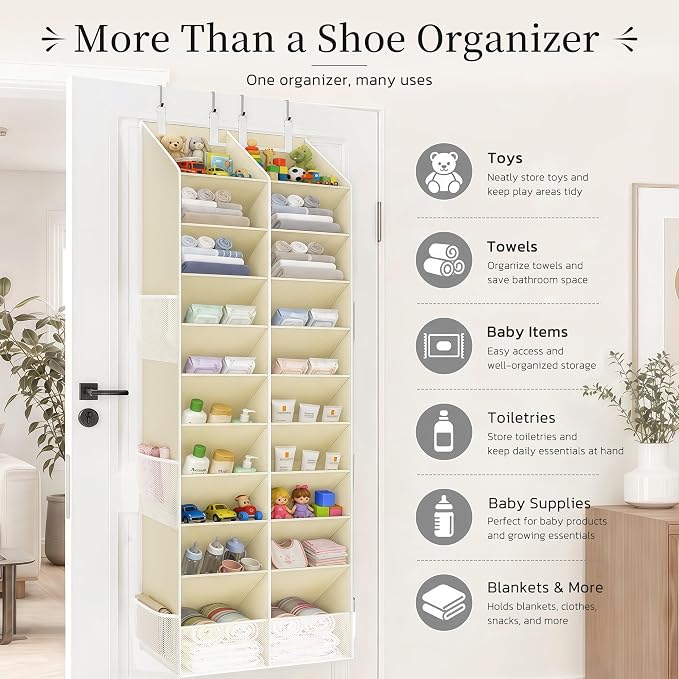 Over the Door Shoe Organizer, 20-30 Pairs Heavy-Duty Hanging Shoe Storage with Large Pockets, 10-Tier Door Shoe Rack with 4 Hooks for Sneakers Sandals Heels Boots (Beige)