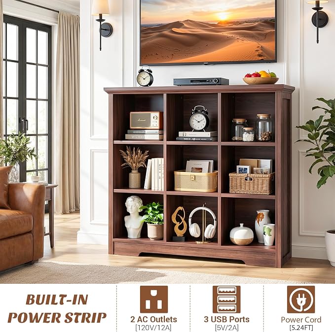 Aheaplus Wooden 9-Cube Storage Organizer with Charging Ports, Modern Cube Bookcase with Base, 4-Tier Floor Standing Open Cubbies Bookshelf, Cubicle Display Shelf for Home and Office, Black Walnut