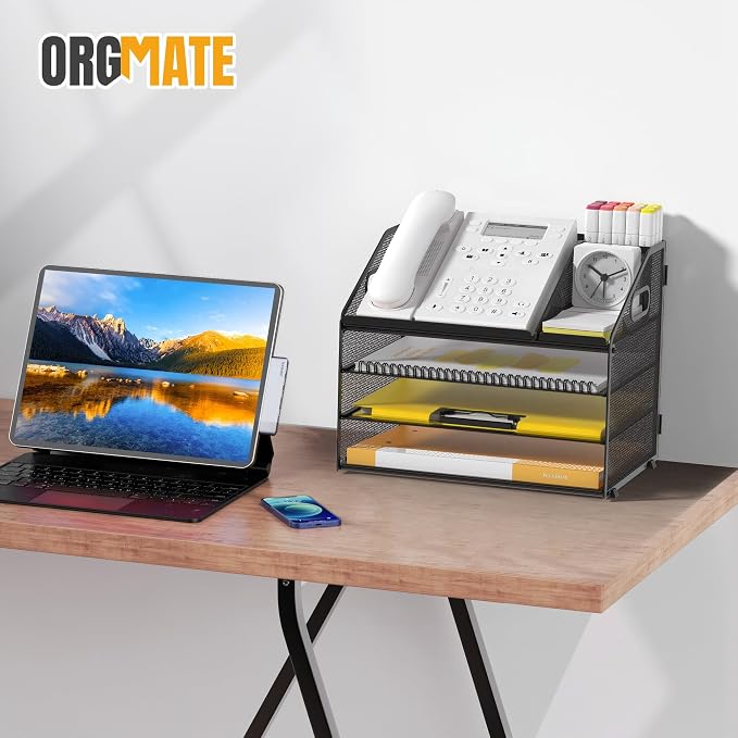 4 Tier Mesh Desk Organizer with Pen Holder and Handle Letter Tray | Metal desktop document shelf and paper sorter. Premium mesh workspace storage for office, home, and classroom