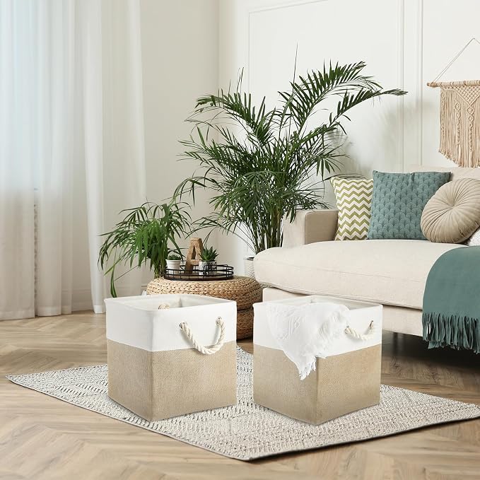 Geiserailie 6 Pcs 12 x 12 Inch Cube Storage Bins Fabric Storage Organizer Bins Foldable Cube Baskets with Sturdy Carry Handles Wicker Baskets for Home (White,Light Brown)