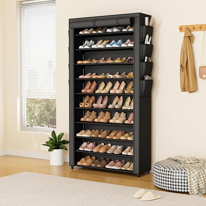VTRIN Tall Shoe Rack with Cover, 10 Tier Shoe Organizer Storage for 50-55 Pairs Shoes and Boots Large Capacity Shoe Shelf with 8 Pockets Free Standing Shoe Rack for Closet, Entryway, Garage