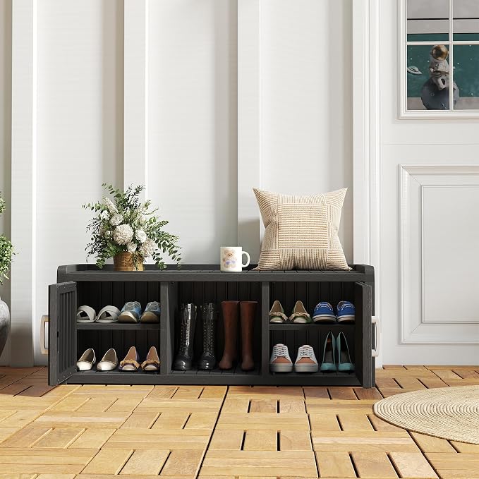 Shoe Storage Cabinet Waterproof UV-Resistant, Entryway Storage Bench Indoor Outdoor with 2 Doors, Adjustable Shelves for Entryway, Bedroom, Hallway,Living Room(Black)