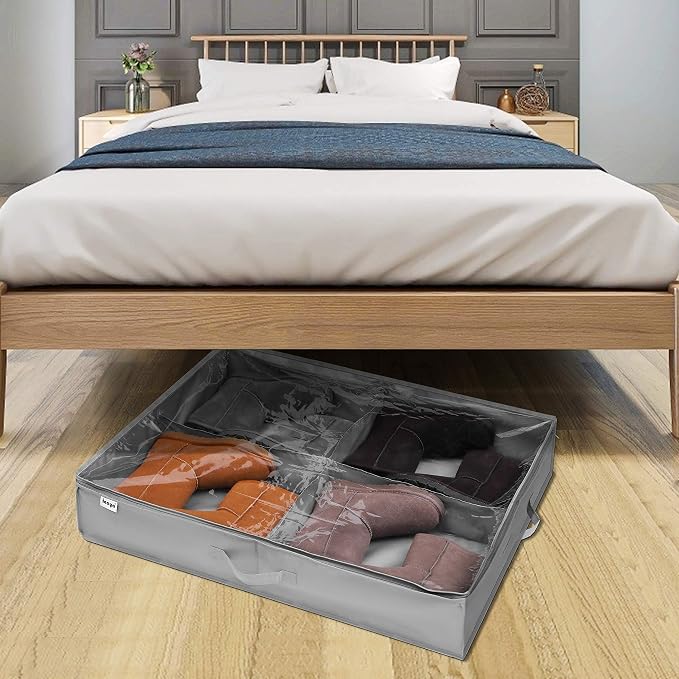 Under Bed Shoe Storage Organizer Set of 2, Fits 16+4 Pairs Boots Total, Underbed Shoe Box Storage Containers w/ Reinforced Handles, Clear Foldable Shoes Organizer Adjustable Dividers w/ Bottom Support