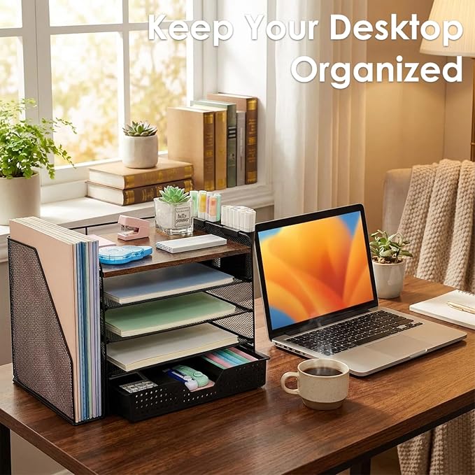 OPNICE Desk Organizer, 5-Tier Desktop File Organizer with Drawer and Pen Holders, Office Desk Accessories, File Sorters, Workspace Organizers for Office Supplies(Wood)
