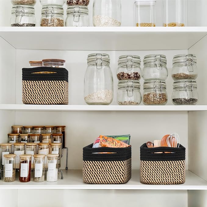 Goodpick 3-Pack Wicker Storage Baskets for Organizing, 13 x 8 x 5 in | Woven Baskets for Shelves, Closet Organizer Bins, Empty Baskets for Gifts,Woven Basket for Play Room, Black & Jute
