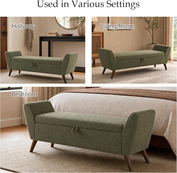 60" Storage Ottoman Bench, End of Bed Bench King Size Green | Solid Wood Legs, Large Hidden Storage, High-Resilience Foam, Teddy Fabric