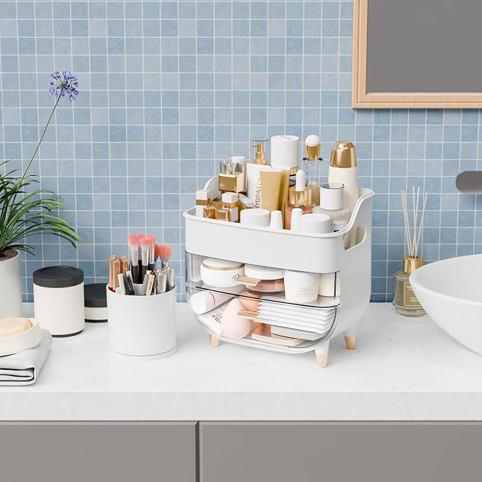 White Make up Organizer for Countertop,Vanity,Large Capacity Bathroom Makeup Skincare Organizers With Brush Holder,Makeup Storage Organizer for Lotion,Beauty Products,Skin Care,Makeup Display