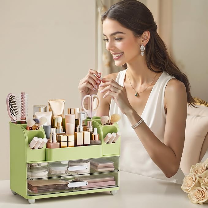 HBlife Makeup Organizer for Vanity with Brush Holder, Large Bathroom Countertop Cosmetic Organizer Skincare Storage, Easy to Store Lipsticks, Nail Polishes, Perfumes, Eyeshadow Palettes, Avocado Green