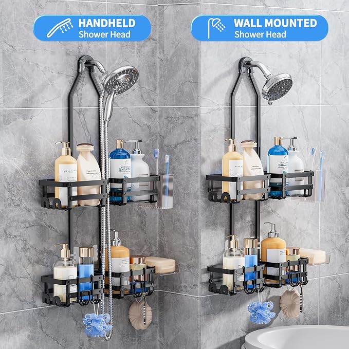 GAOKASE Aluminum Shower Caddy Hanging, Never Rust Shower Organizer | 4 Levels with adjustable Height 10 Hooks for Razor/Sponge - Rack with Soap Basket (Black-1)