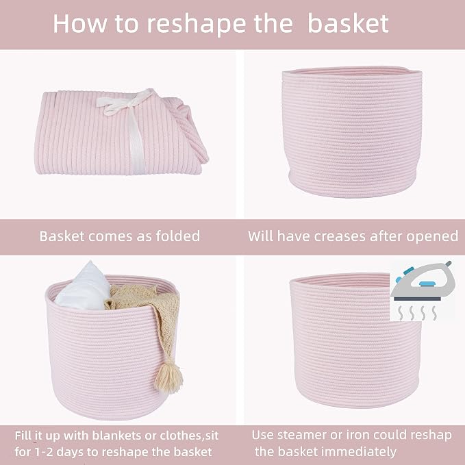 XUANGUO Cotton Rope Basket For Girls Kids 16”X14” pink | Baby Laundry Baskets, Blanket Basket, Nursery Bin; Round Woven Basket Organizer for Toy Storage, Blankets, Shoes and Clothes