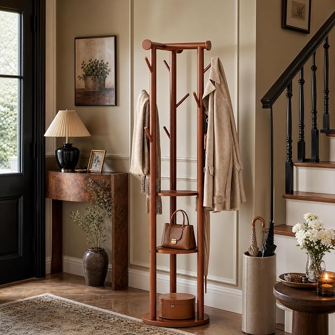 Pipishell Solid Wood Freestanding Coat Rack with 5 Wheels, 9 Hooks, Shelves | 100% pine wood, 5 smooth-rolling wheels, 3-tier storage shelves, thickened base, T-shaped top for balance, CARB-certified