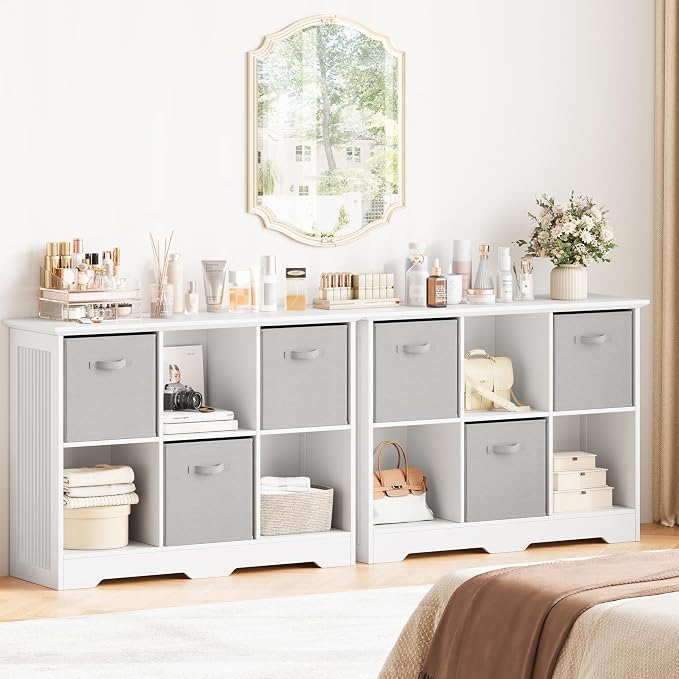 6 Cube Storage Organizer Shelf, Wood Cubby Storage with 3 Fabric Drawers | 2 Tier Wooden Bookshelf with 2 Adjustable Shelves, Fluted Side Panels Bookcase for Bedroom, Living Room, Home Office, White