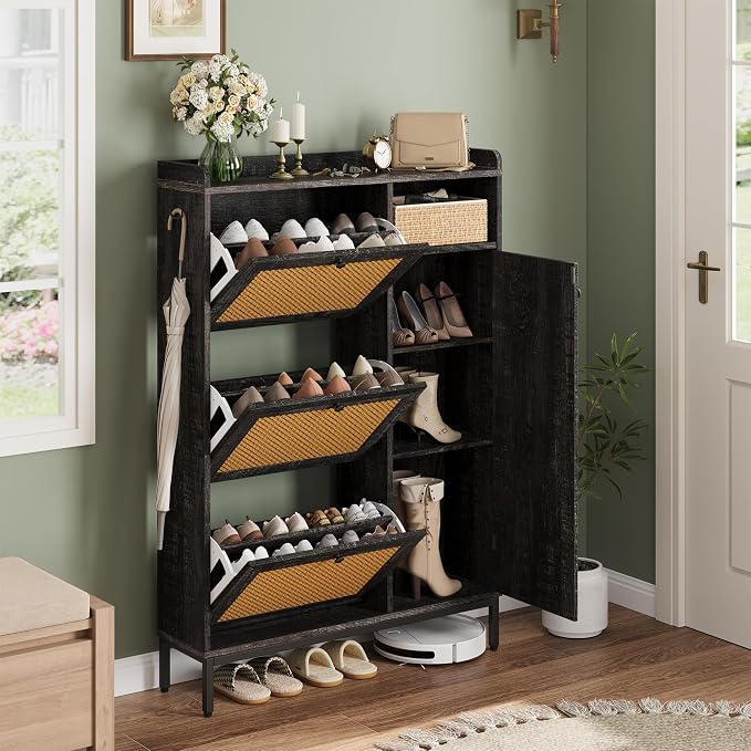 Garvee Shoe Cabinet with 3 Flip Drawers, Freestanding Shoe Organizer with 4-Tier Shoe Storage Cabinet and Adjustable Shelf & Rattan Doors,Narrow Shoe Rack Cabinet for Entryway, Closet, Hallway