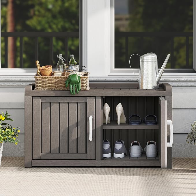 Shoe Storage Cabinet Waterproof UV-Resistant, Entryway Storage Bench Indoor Outdoor with 2 Barn Doors, Adjustable Shelves for Entryway, Bedroom, Hallway,Living Room(Grey)