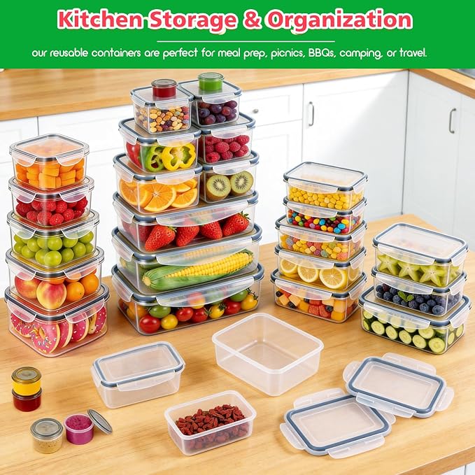 62PCS Thick Food Storage Containers with Airtight Lids for Meal Prep | BPA-Free Plastic Food Container Set for Leftovers, Snacks, Lunch, Fruit, Freezer Storage & Kitchen Organization, Leakproof