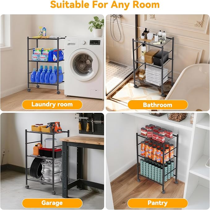 BolDuck 3 Tier Shelf Organizer Rack, Metal Shelving Unit with Wheels/Leveling Feet, Space-Saving Storage Shelves for Closet Laundry Bathroom Kitchen Pantry, 18.11" Wx12.6 Dx31.5 H