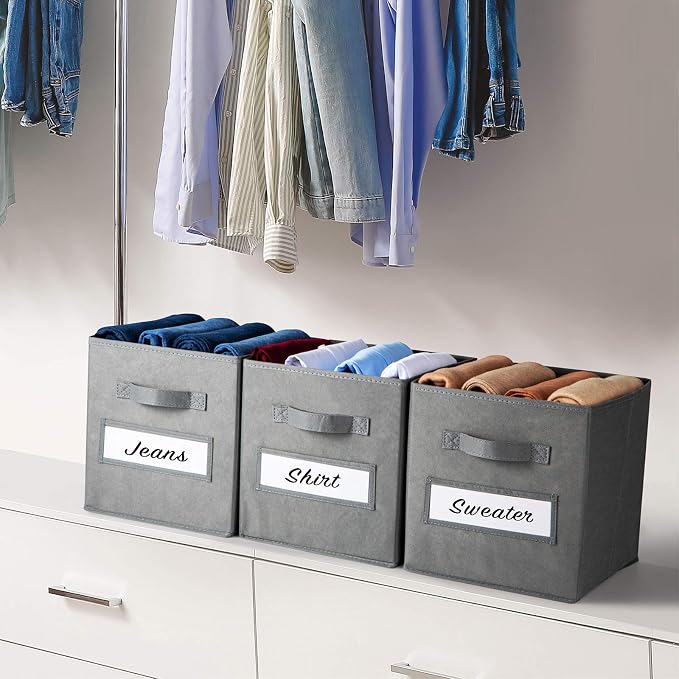 11 Inch Storage Cube,Storage bin (Set of 10) Foldable Fabric Cube Storage Bins with 10 Labels Window Cards & a Pen,Baskets Containers for Shelves,Closet Organizers Box for Home & Office,Gray
